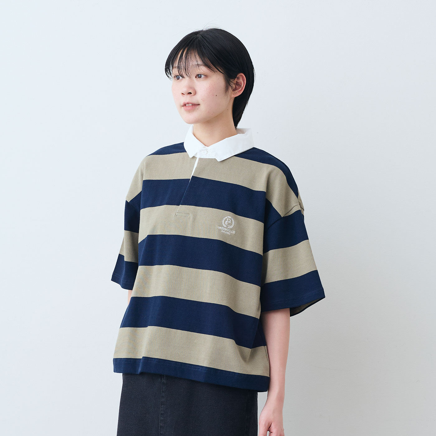 フェリシモファッションニュース|PARROTT CANVAS　CROPPED WIDE RUGGER SHIRT 〈NAVY&times;KHAKI 〉